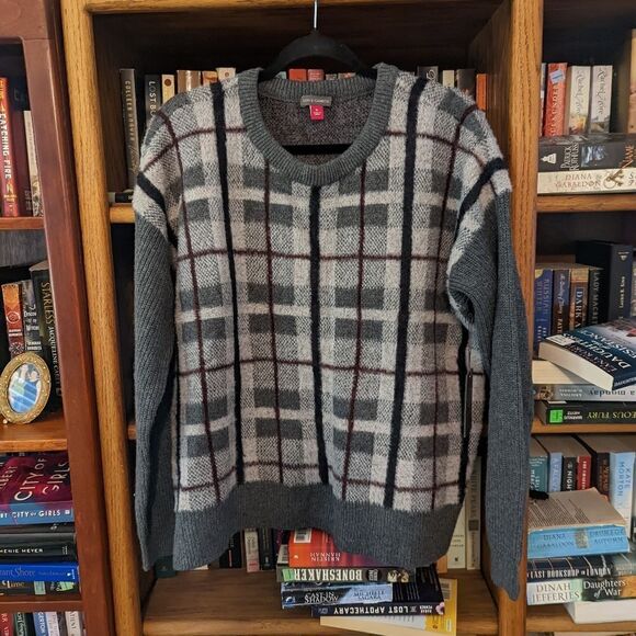 VINCE camuto grey tartan crew neck sweater sz xl - Picture 1 of 5
